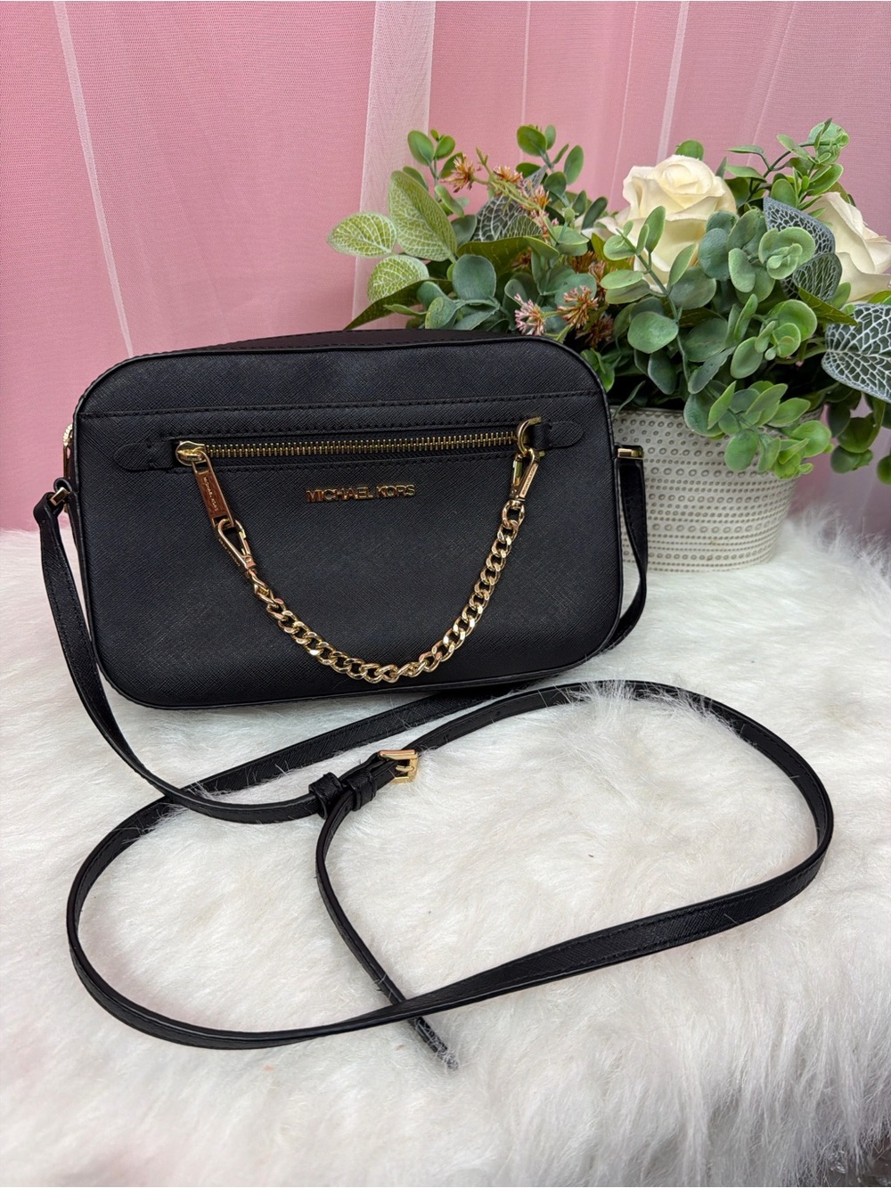 Michael Kors Black Crossbody Bag with Gold Chain Accent